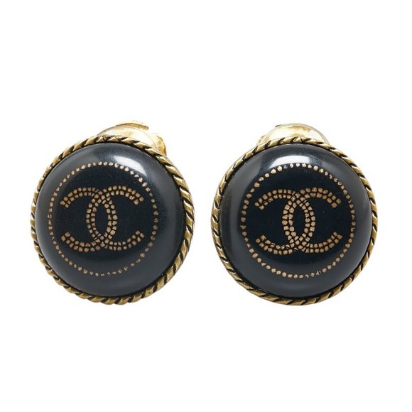 Chanel Coco Mark Earrings Gold Black Plated Women's CHANEL - Picture 1 of 6